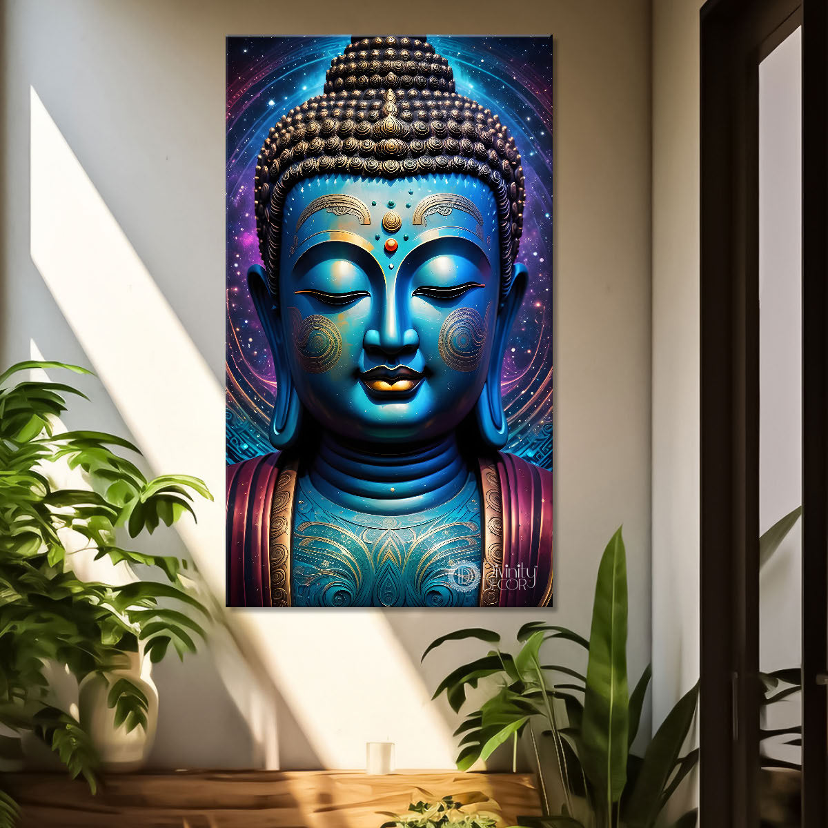 Blue face buddha with colourful and dark texturd oil painting Buddha-V-211