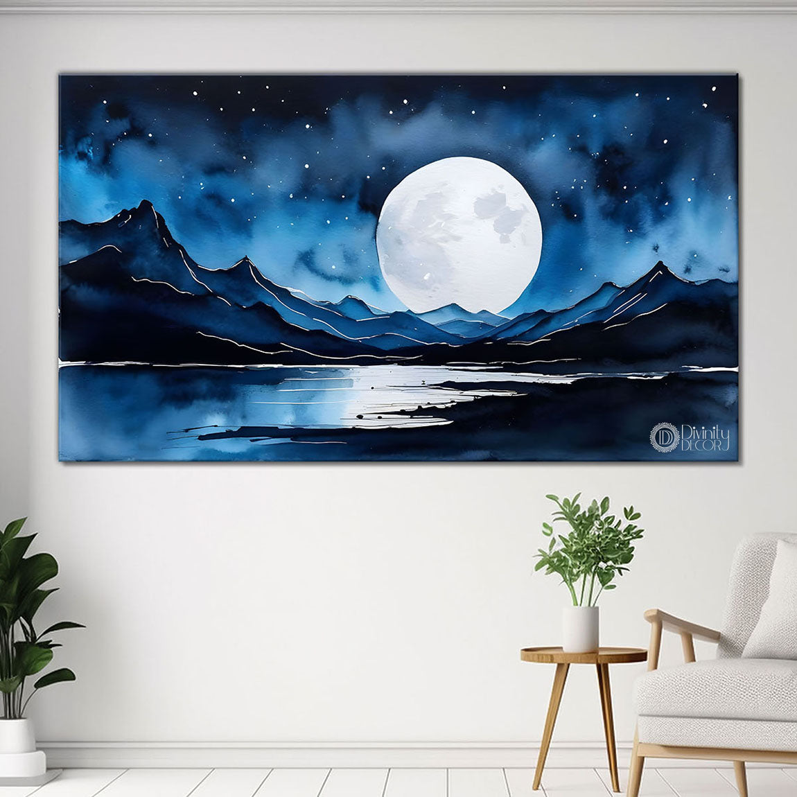 Mountains with river and moon painting Canvas Painting - Nature Art -212