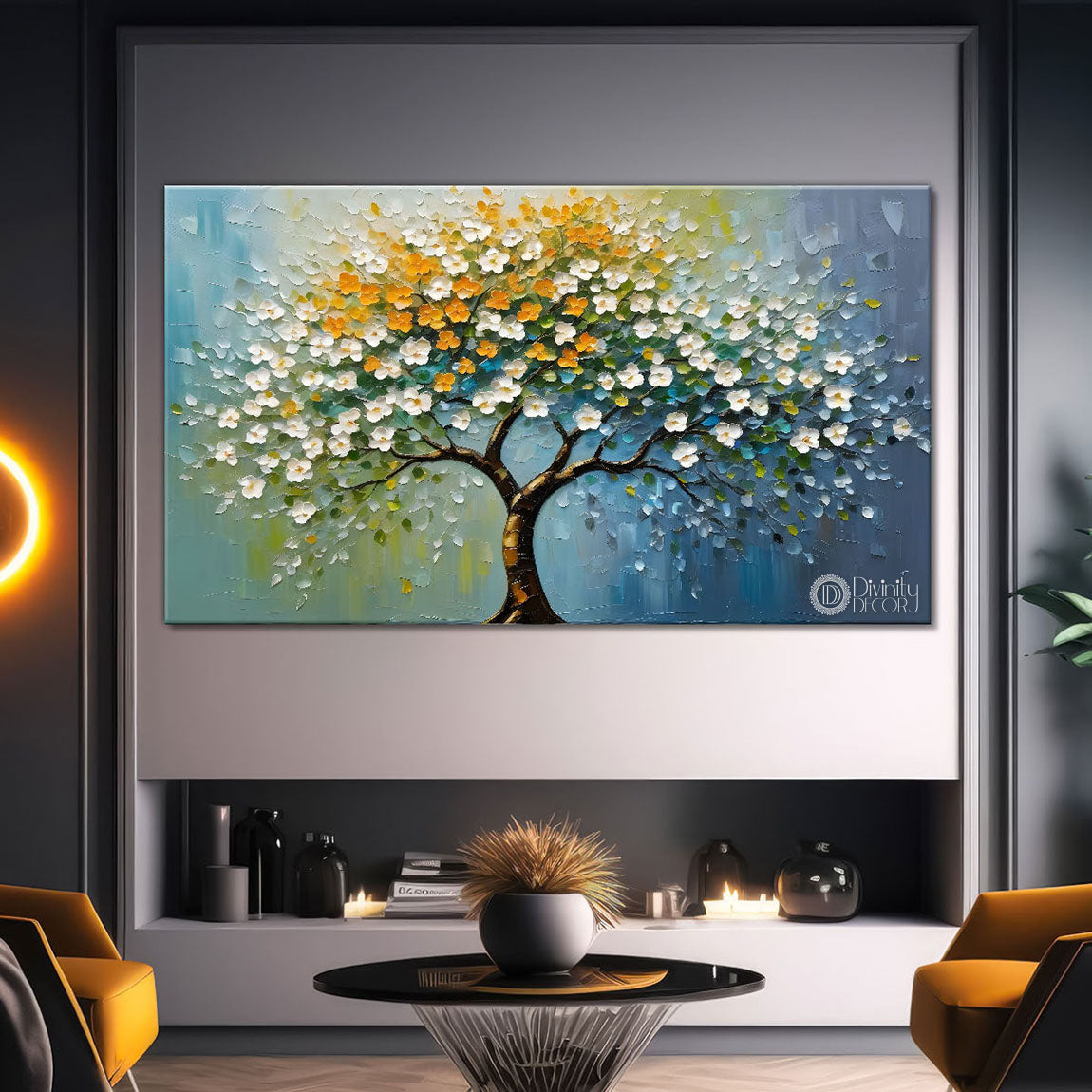White flower tree in textured background oil painting- Design - Tree-212
