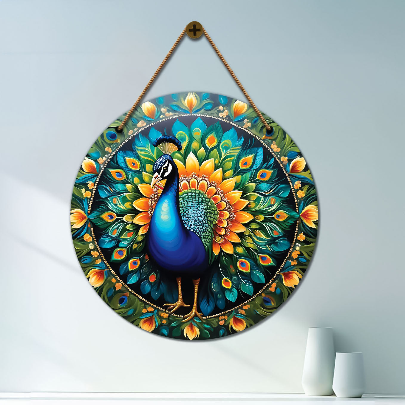 Peacock in green and yellow mandala Round Wooden Wall Hanging for wall Décor - Design - 212