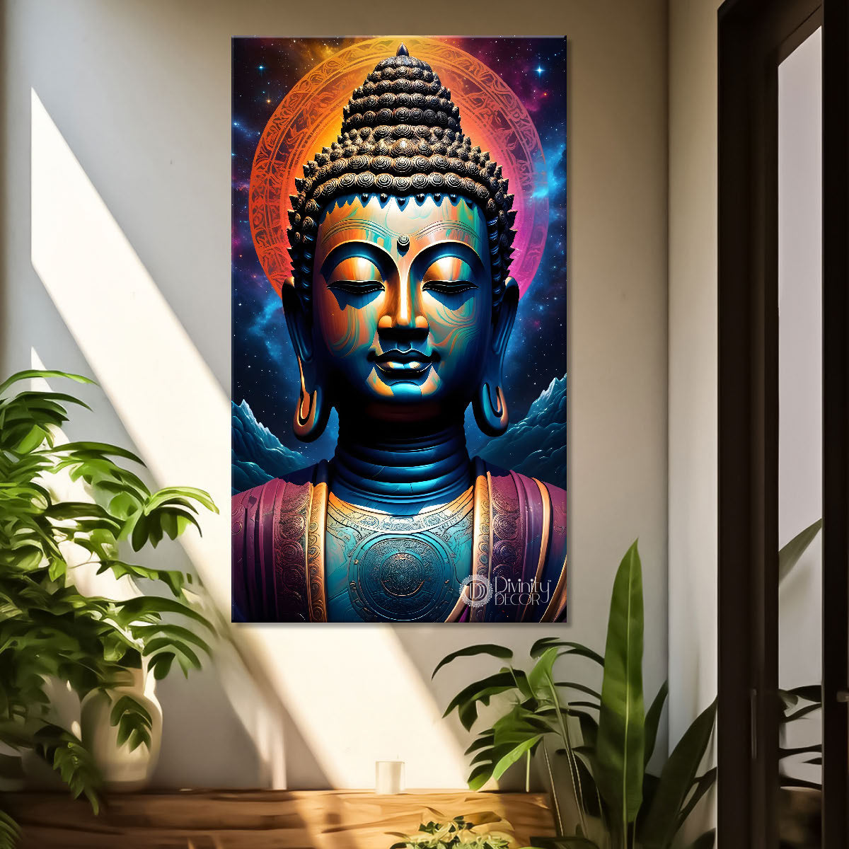 Blue face buddha with colourful and dark texturd oil painting Buddha-V-213