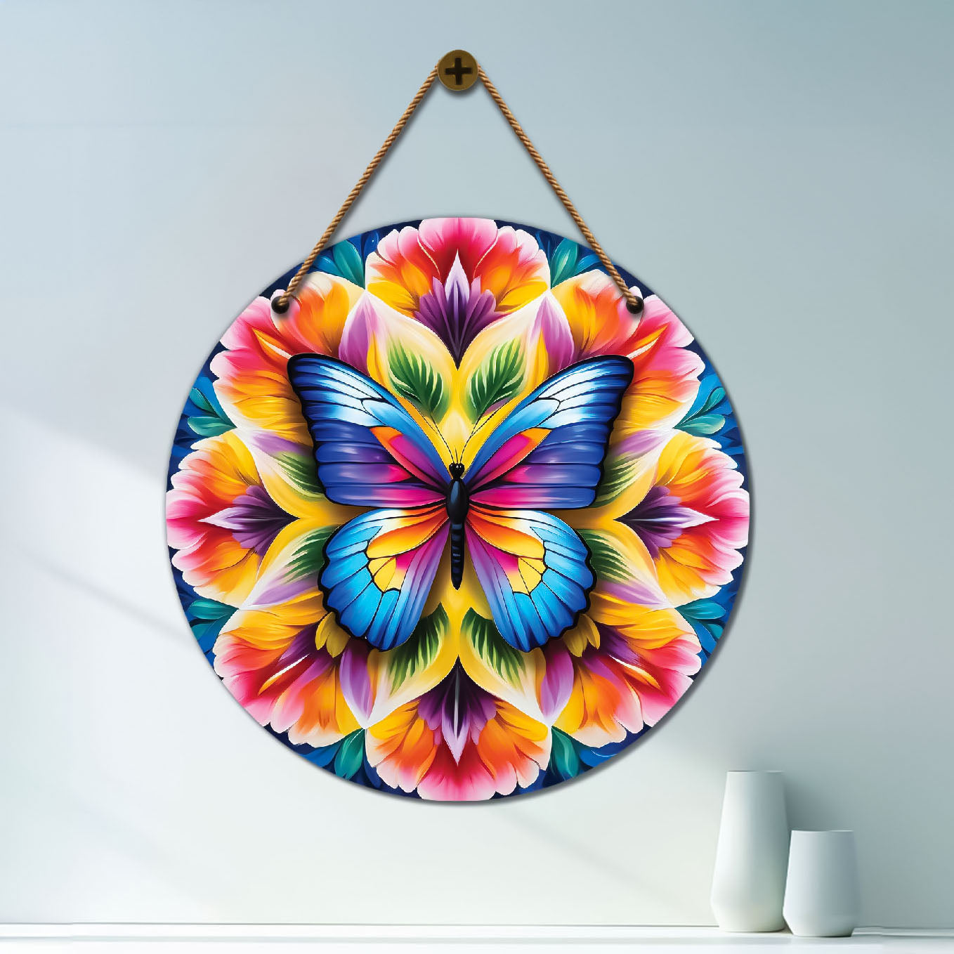 Butterfly in blue and pink mandala Round Wooden Wall Hanging for wall Décor - Design - 213