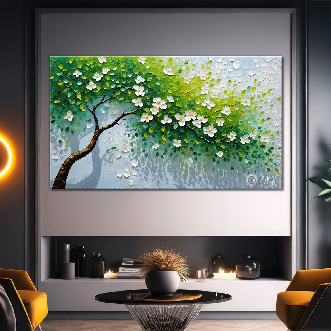 White flower tree in textured background oil painting- Design - Tree-213