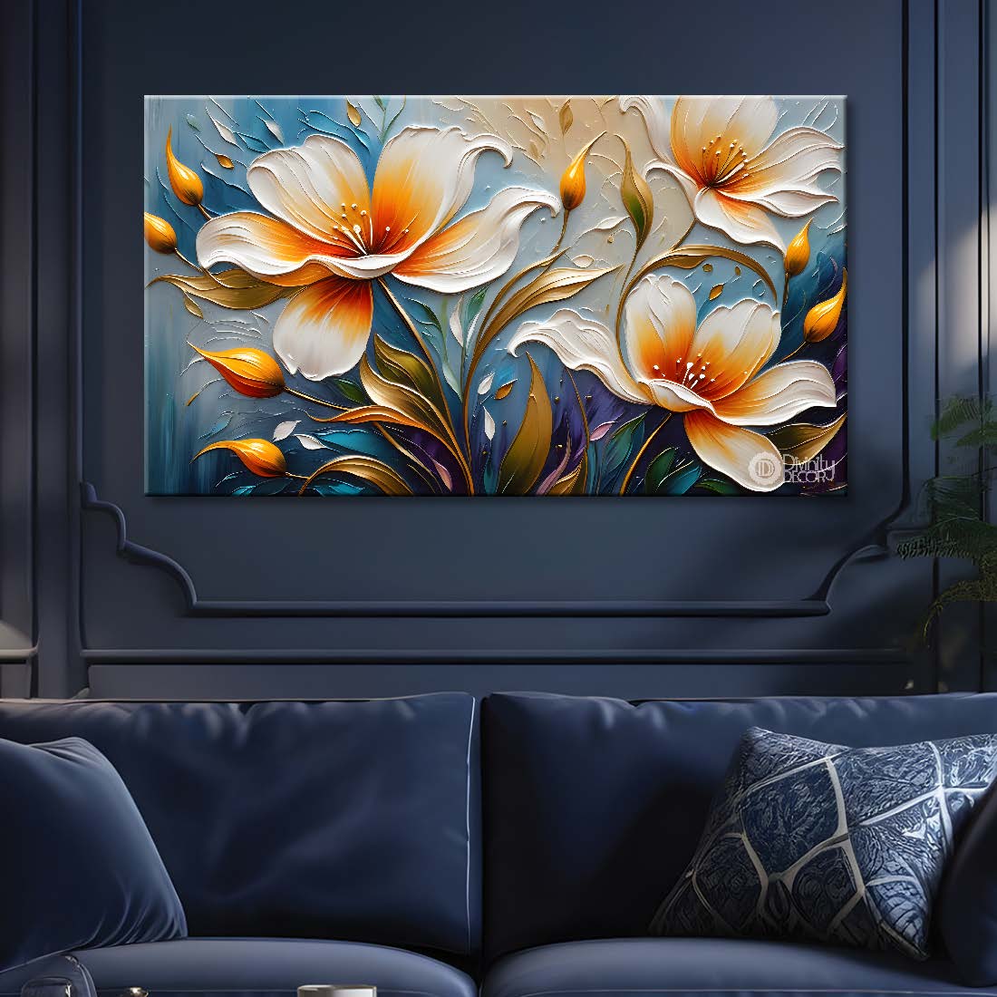 White flowers in blue background- Design - Flower-213