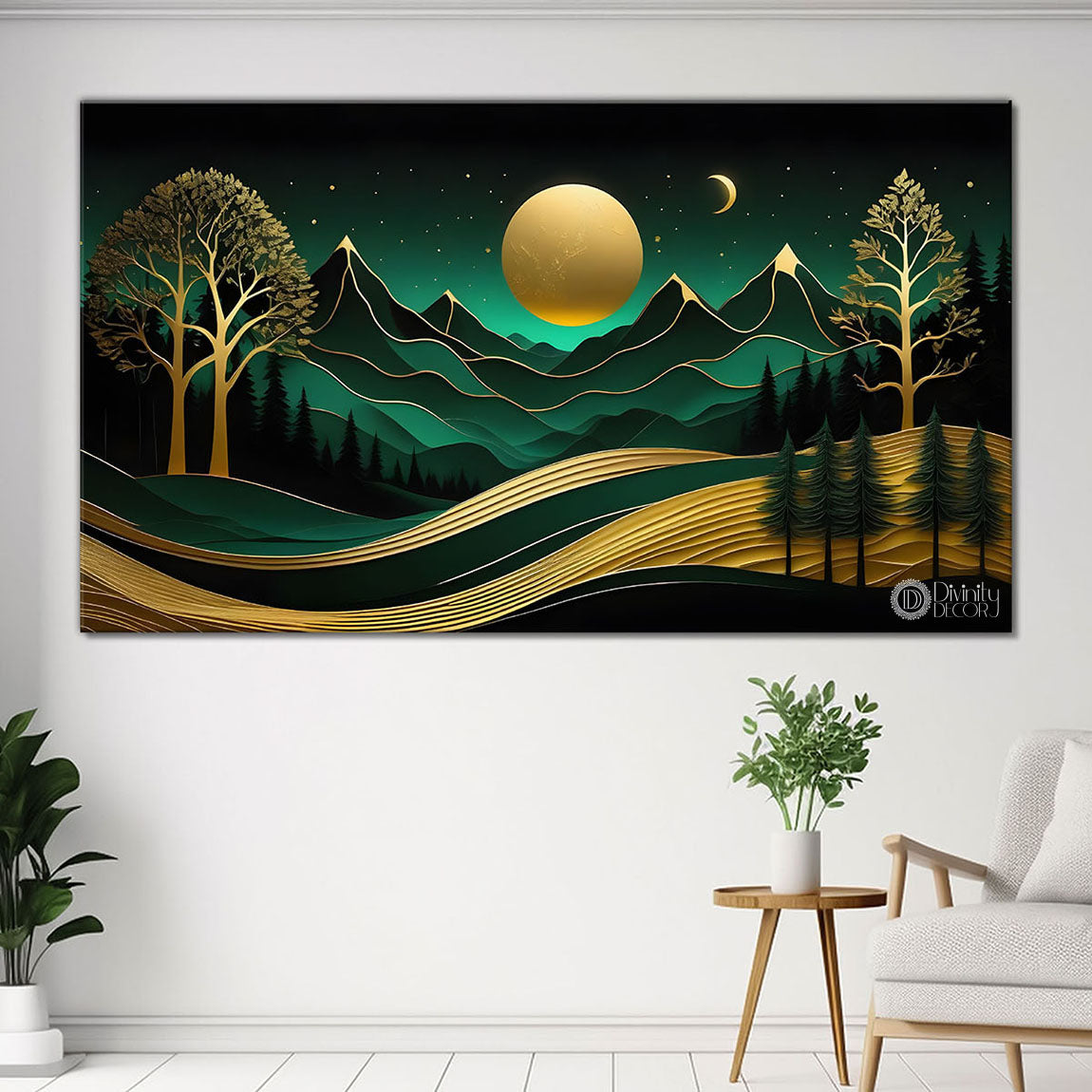 Green mountains with golden moon and trees Canvas Painting - Nature Art -214