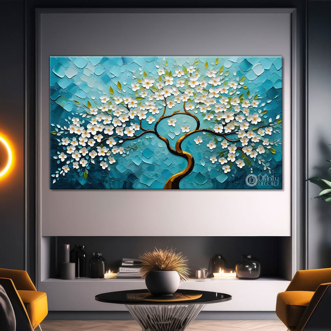 White flower tree in textured background oil painting- Design - Tree-214