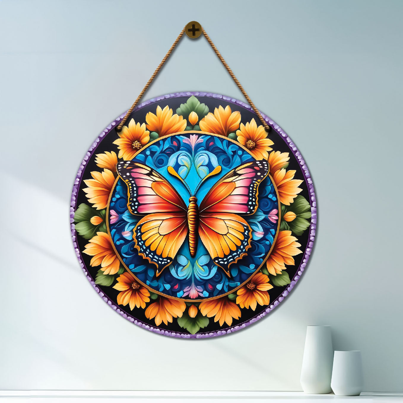 Butterfly in blue and yellow mandala Round Wooden Wall Hanging for wall Décor - Design - 214