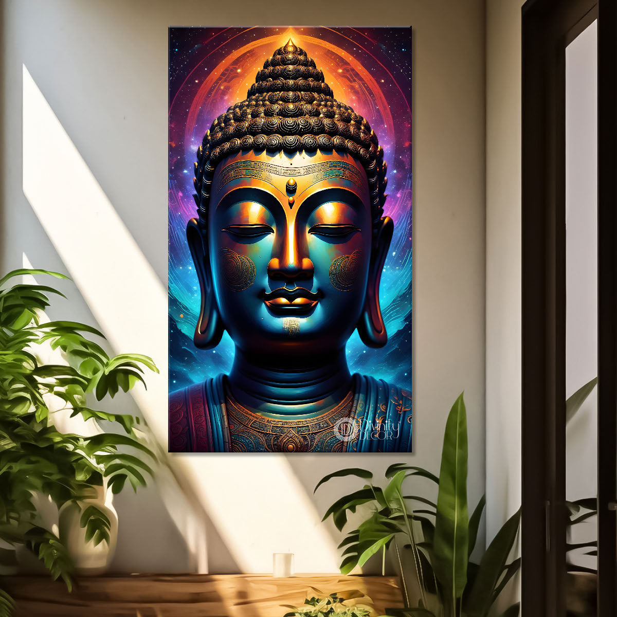 Blue face buddha with colourful and dark texturd oil painting Buddha-V-214