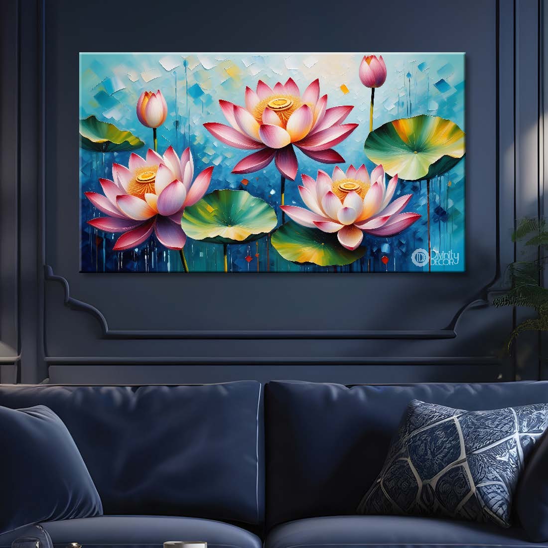 Lotus in blue textured background- Design - Flower-214