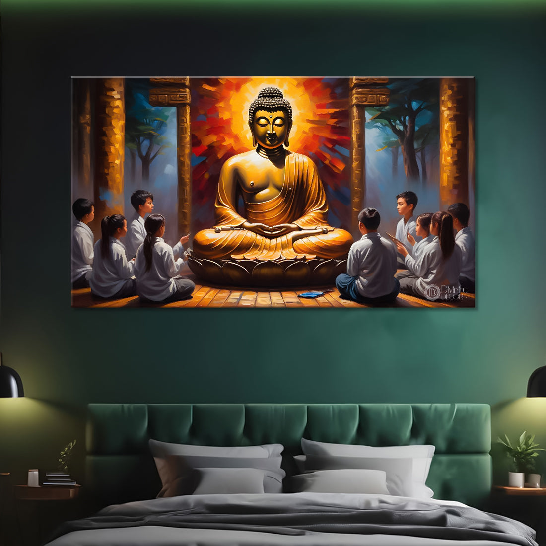 Golden buddha with red  textured background painting Canvas Wall Painting - Buddha-215