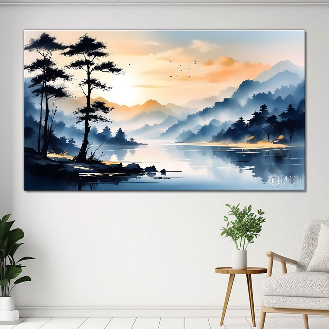 Mountains with tree and river painting Canvas Painting - Nature Art -215