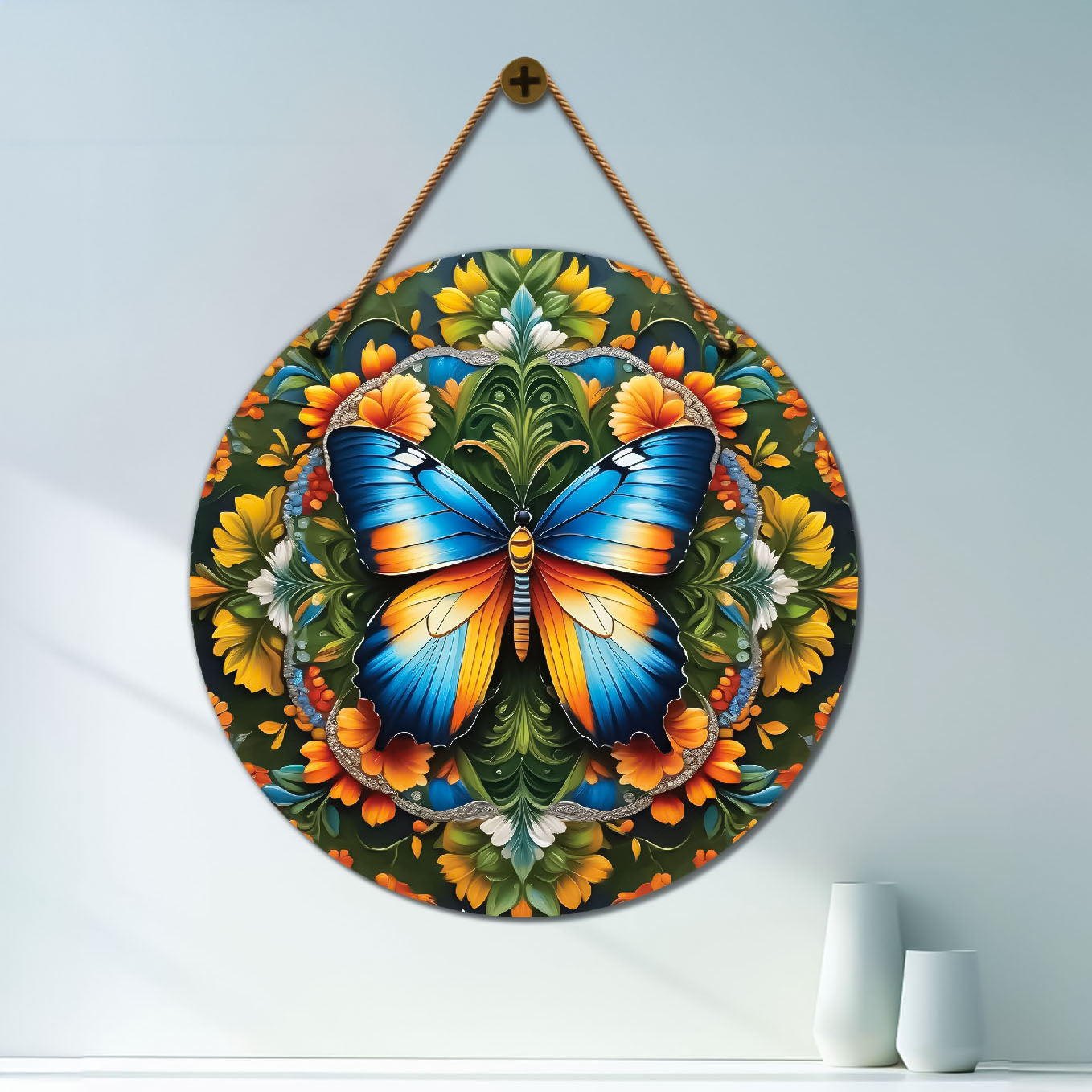 Butterfly in green and yellow mandala Round Wooden Wall Hanging for wall Décor - Design - 215