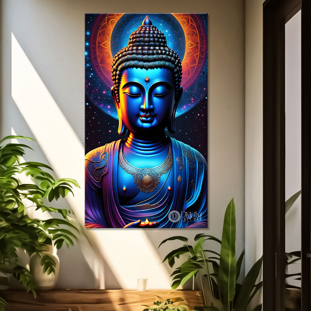 Blue face buddha with colourful and dark texturd oil painting Buddha-V-215