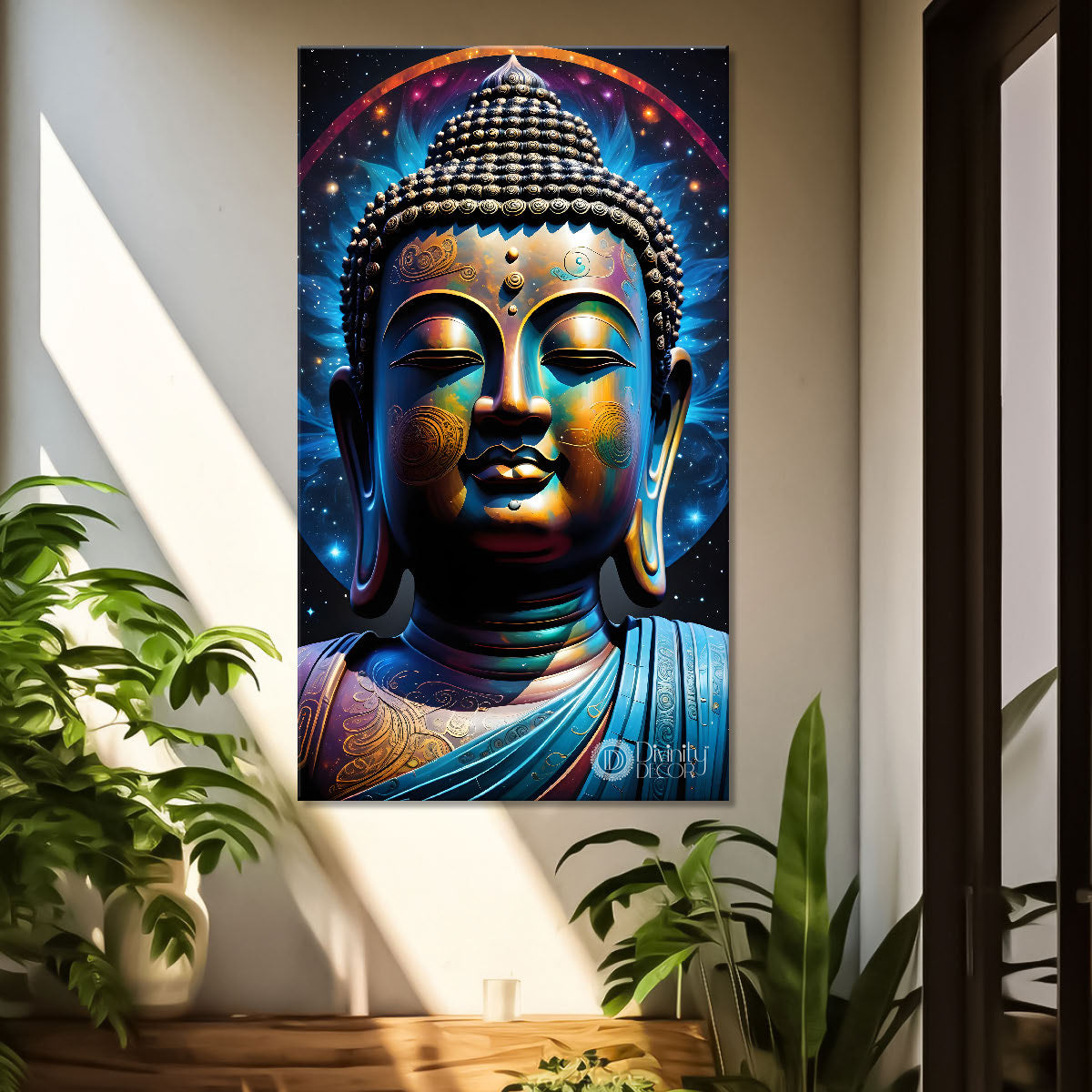 Golden face buddha with colourful and dark texturd oil painting Buddha-V-216