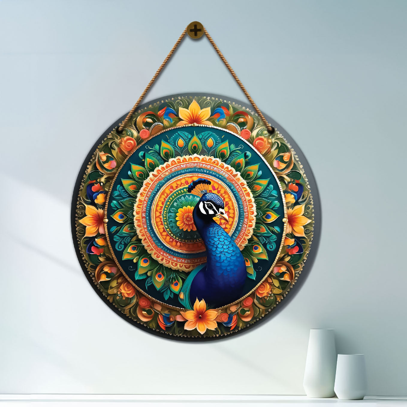 Peacock in green and yellow mandala Round Wooden Wall Hanging for wall Décor - Design - 216