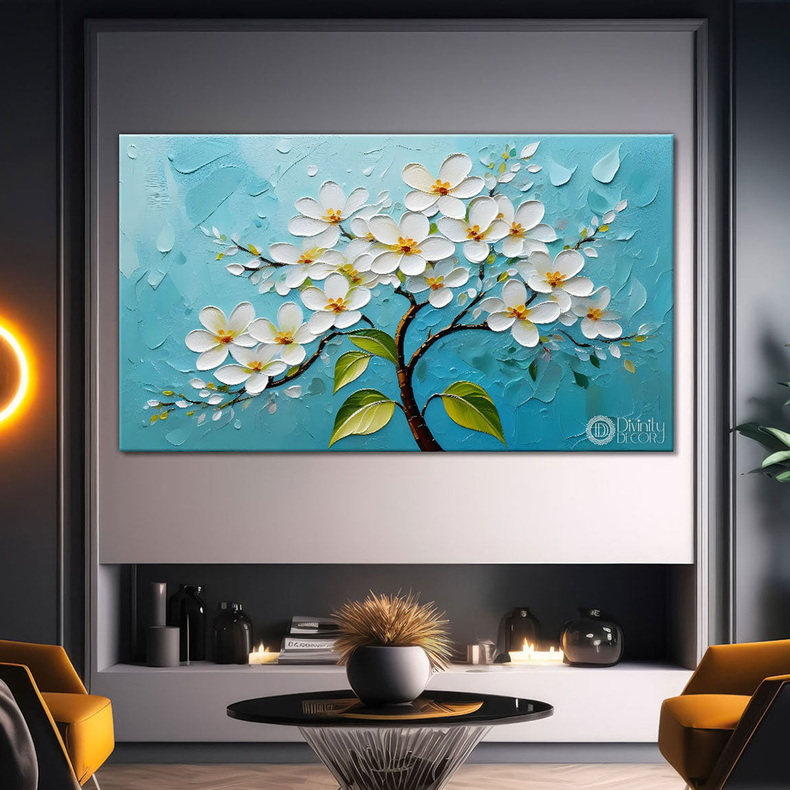 White flower tree in textured background oil painting- Design - Tree-216