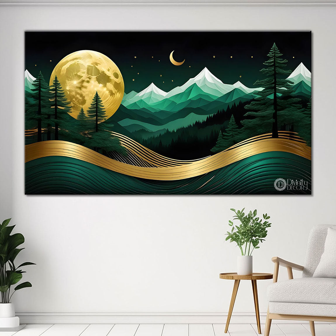 Green mountains with golden moon and trees Canvas Painting - Nature Art -216