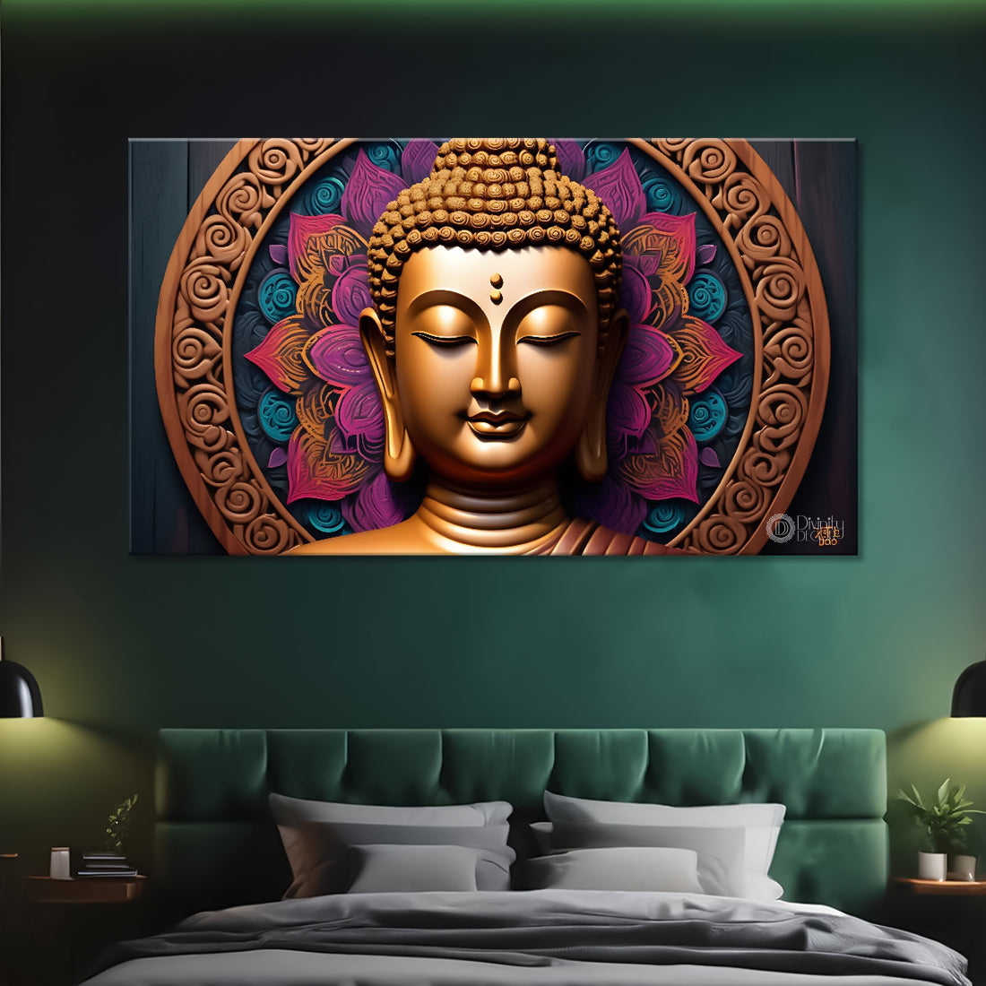 Golden buddha with red  textured background painting Canvas Wall Painting - Buddha-217