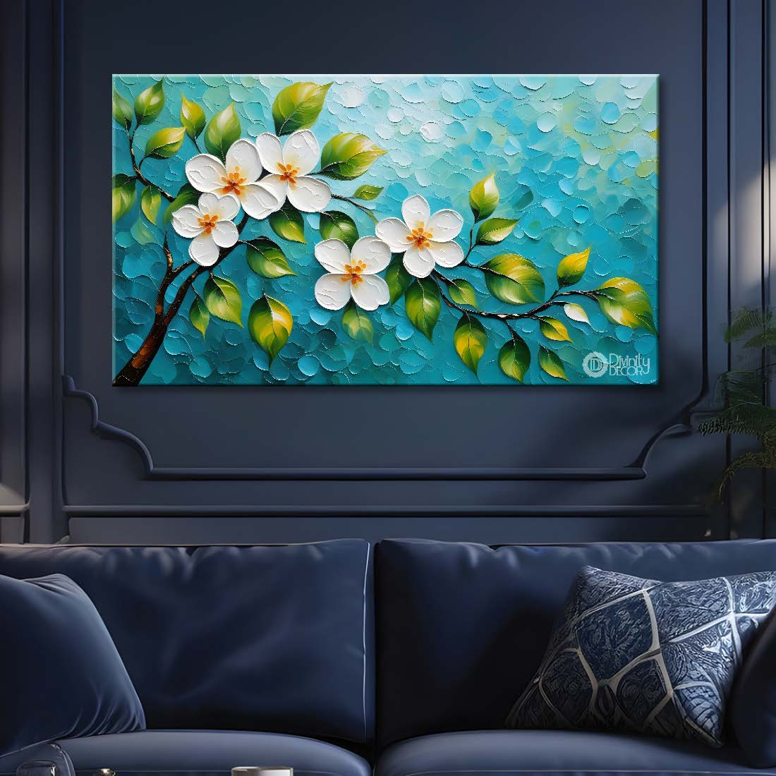 White flowers in blue background- Design - Flower-217