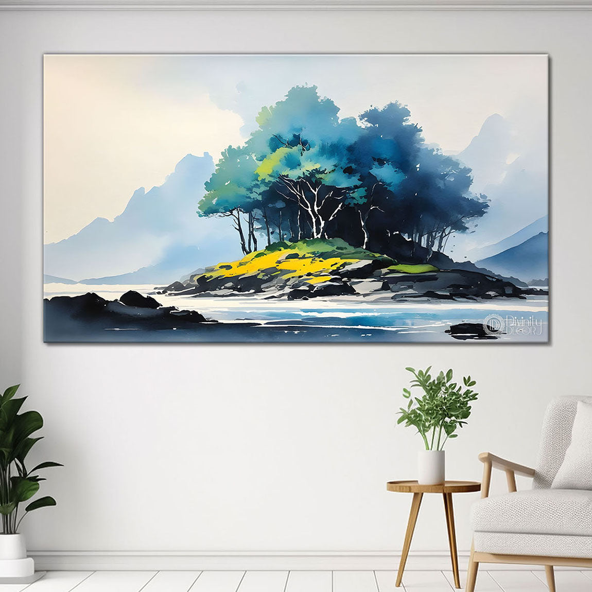 Mountains and trees in water color painting Canvas Painting - Nature Art -217