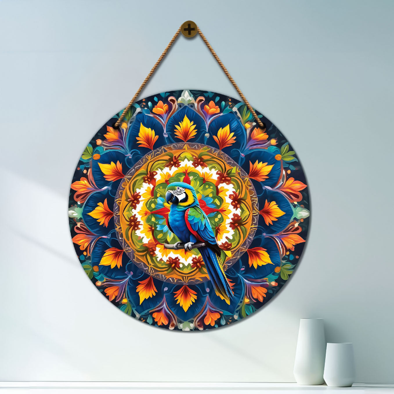 Parrot in green and yellow mandala Round Wooden Wall Hanging for wall Décor - Design - 217