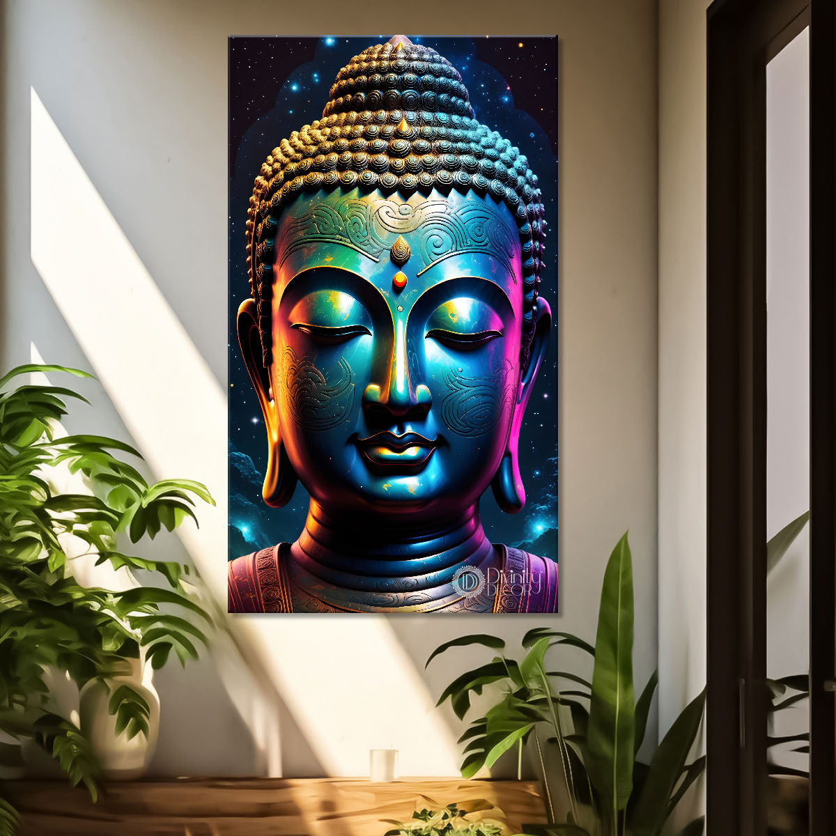 Blue face buddha with colourful and dark texturd oil painting Buddha-V-217
