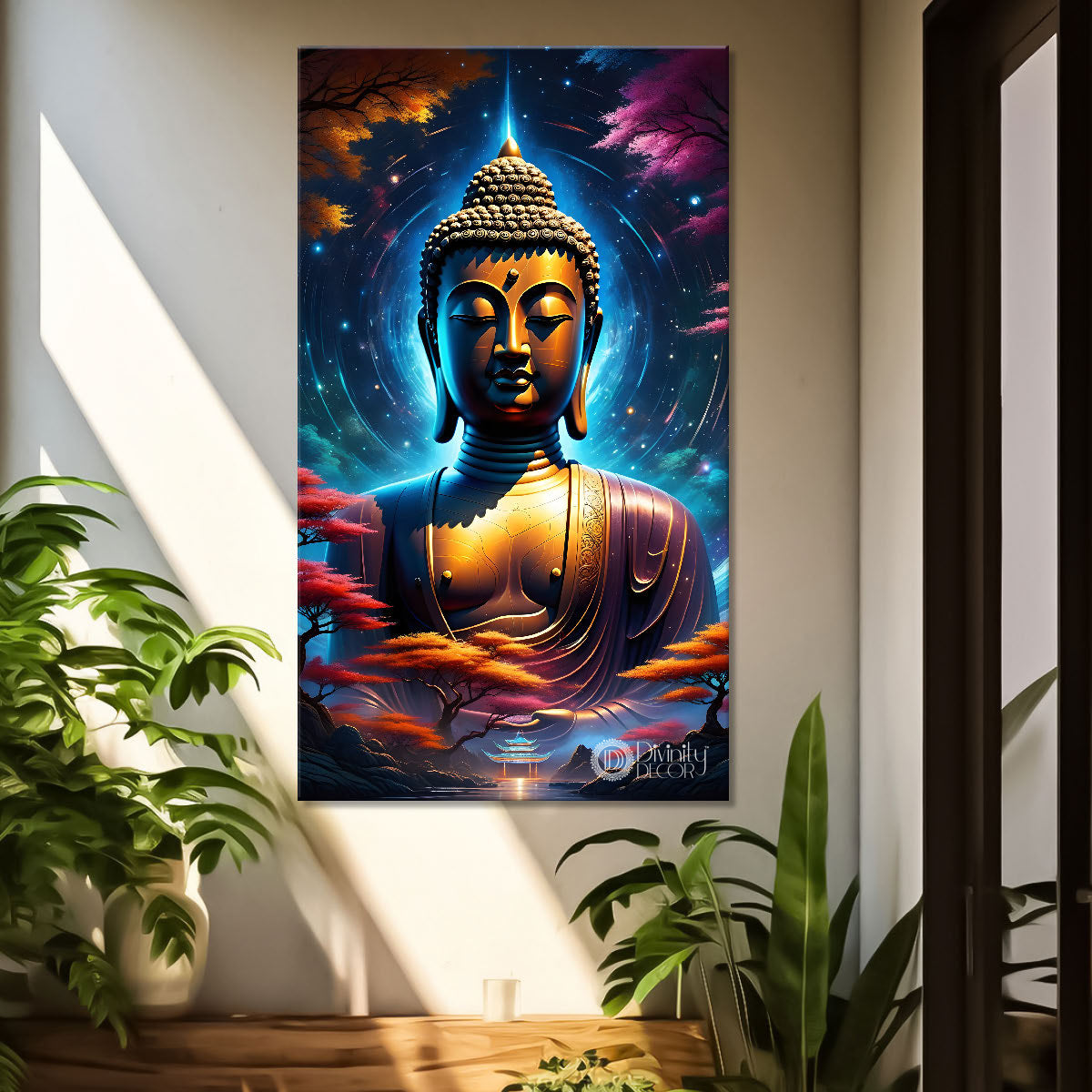 Golden face buddha with colourful and dark texturd oil painting Buddha-V-218