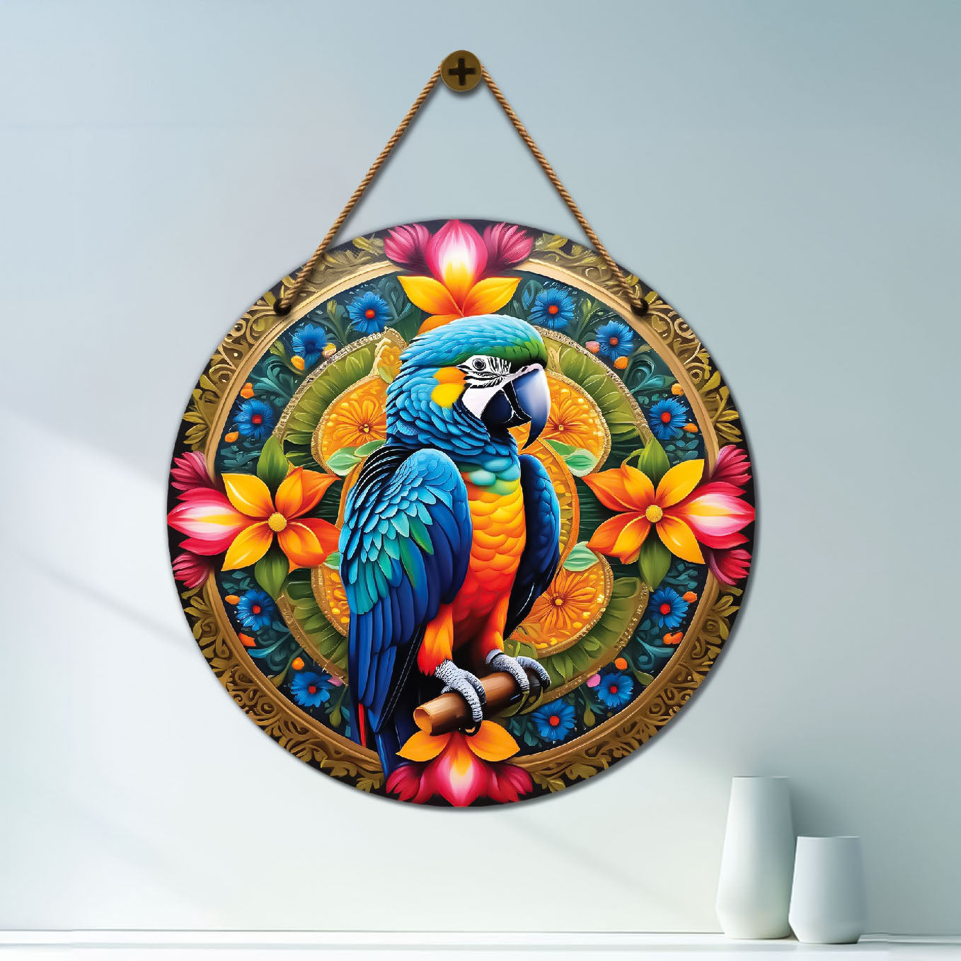 Parrot in green and orange mandala Round Wooden Wall Hanging for wall Décor - Design - 218