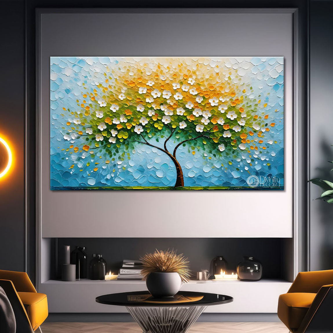 White flower tree in textured background oil painting- Design - Tree-218