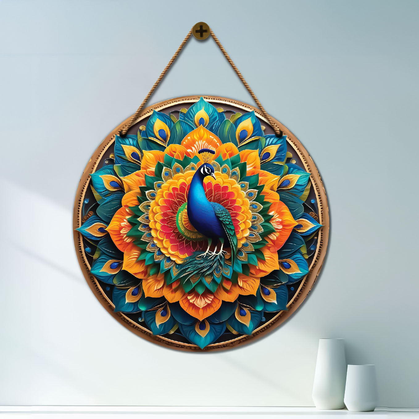 Peacock in green and orange mandala Round Wooden Wall Hanging for wall Décor - Design - 219
