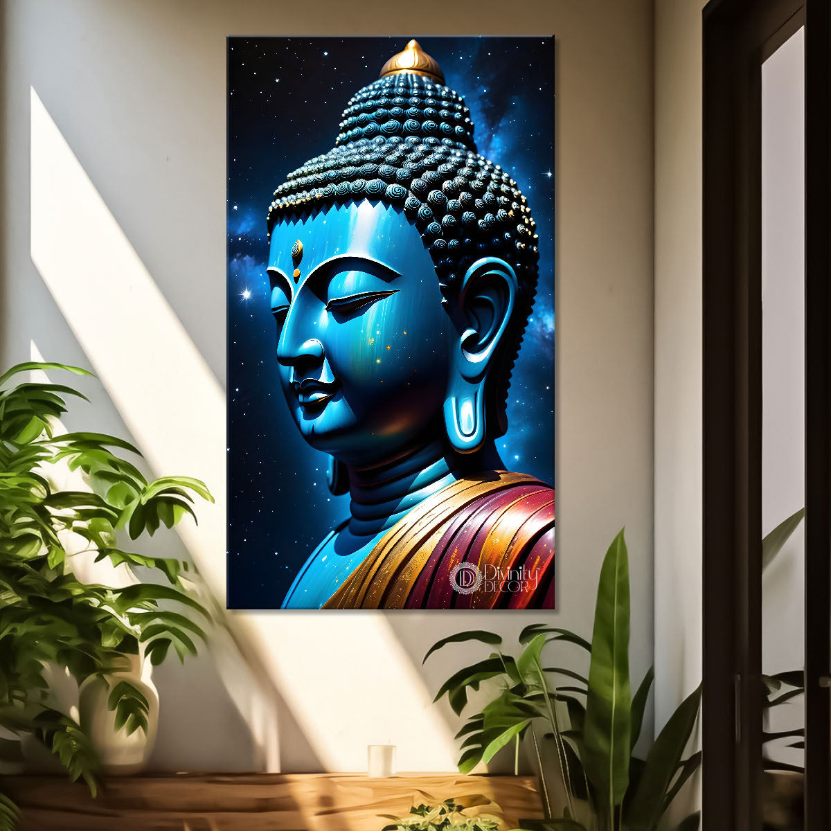 Blue face buddha with blue and dark texturd oil painting Buddha-V-219