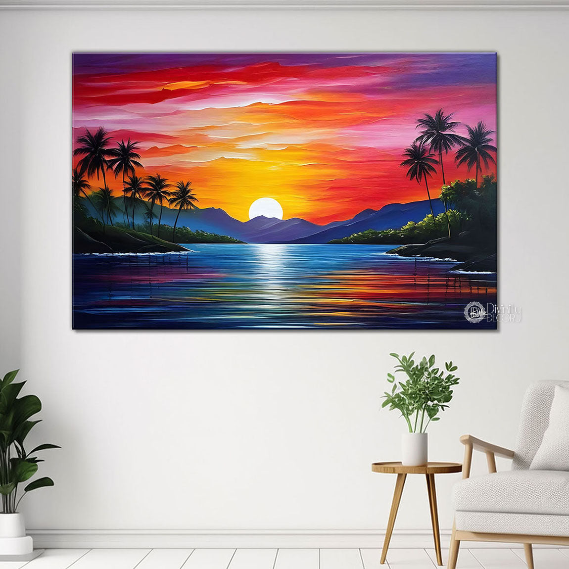 Mountains with trees and river with pink sky painting Canvas Painting - Nature Art -219