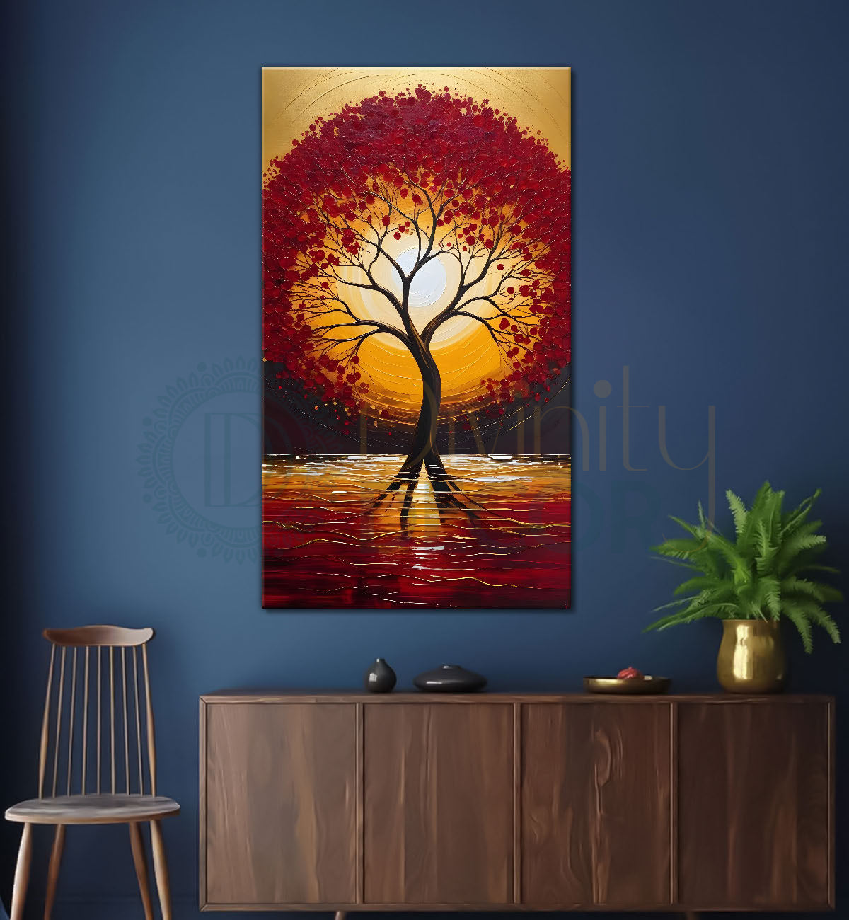 Red textured tree in front of sun with red textured oil painting Canvas painting - Tree-V-21