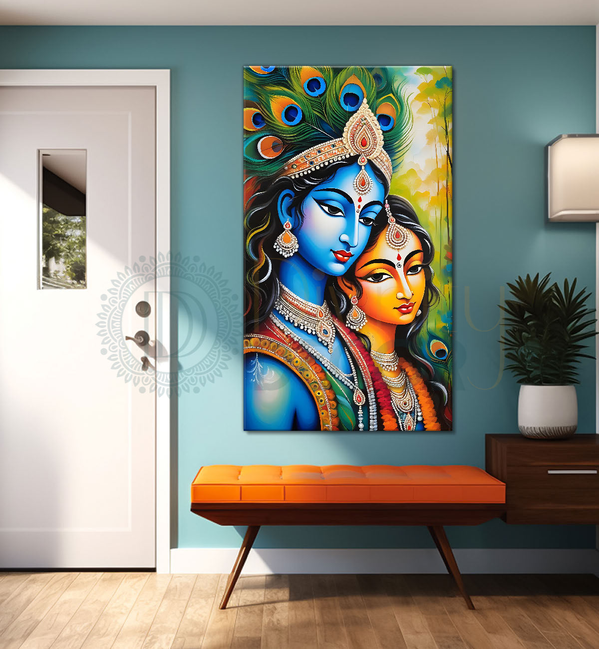 Blue face of krishna with radha in peacock feathers background textured art Canvas Painting - Design - Krishna-V-21