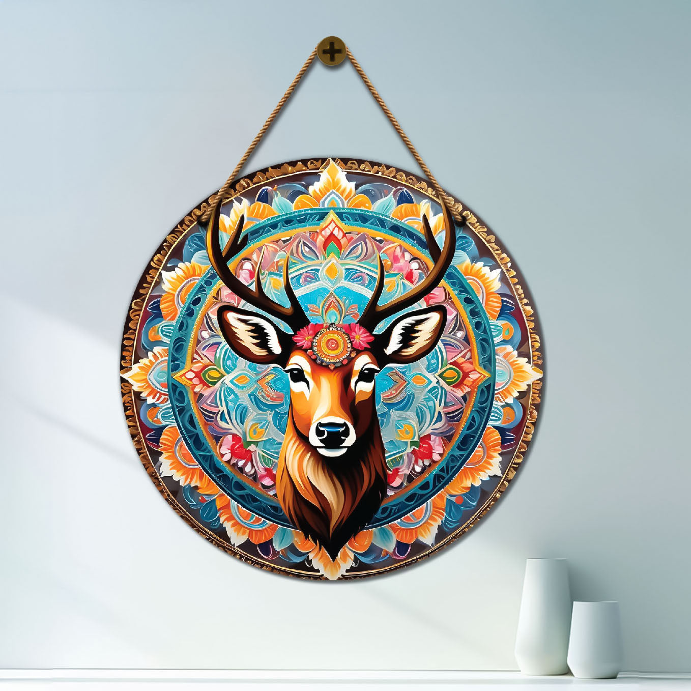 Deer in blue and orange mandala Round Wooden Wall Hanging for wall Décor - Design - 220