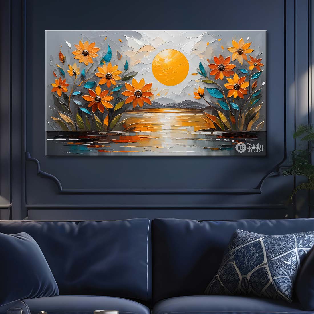 Orange flowers with sun and river background painting- Design - Flower-220