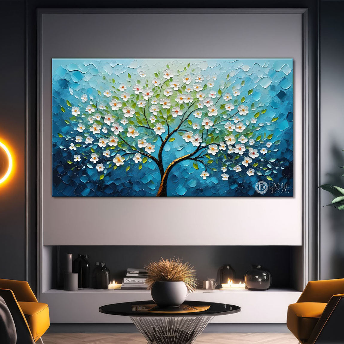 White flower tree in textured background oil painting- Design - Tree-220