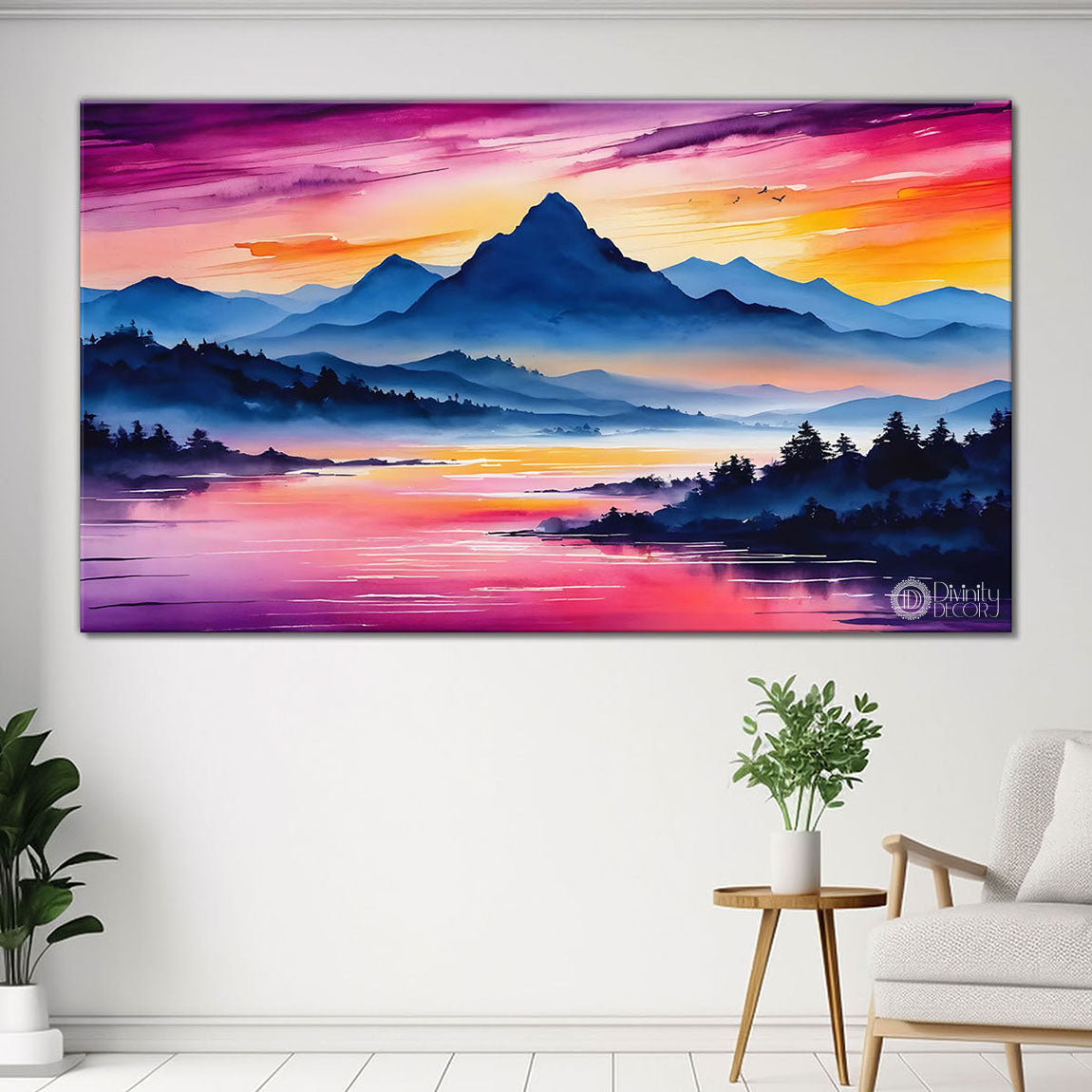Mountains with river and pink sky painting Canvas Painting - Nature Art -221