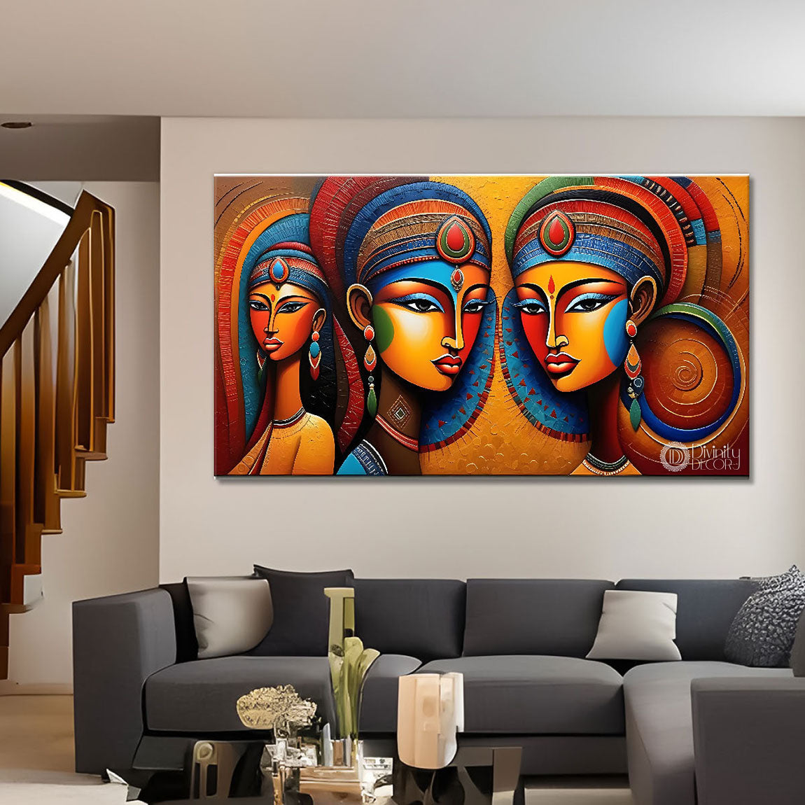 Three tribal women textured modern art Canvas Painting - Design - Modern-L-221