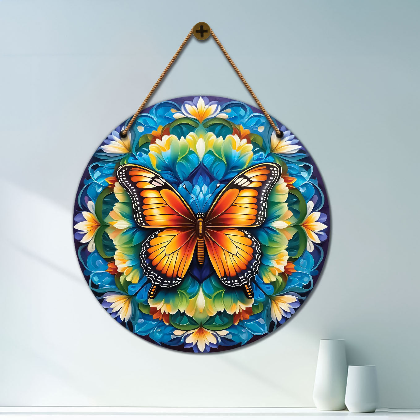 Butterfly in blue and white mandala Round Wooden Wall Hanging for wall Décor - Design - 221