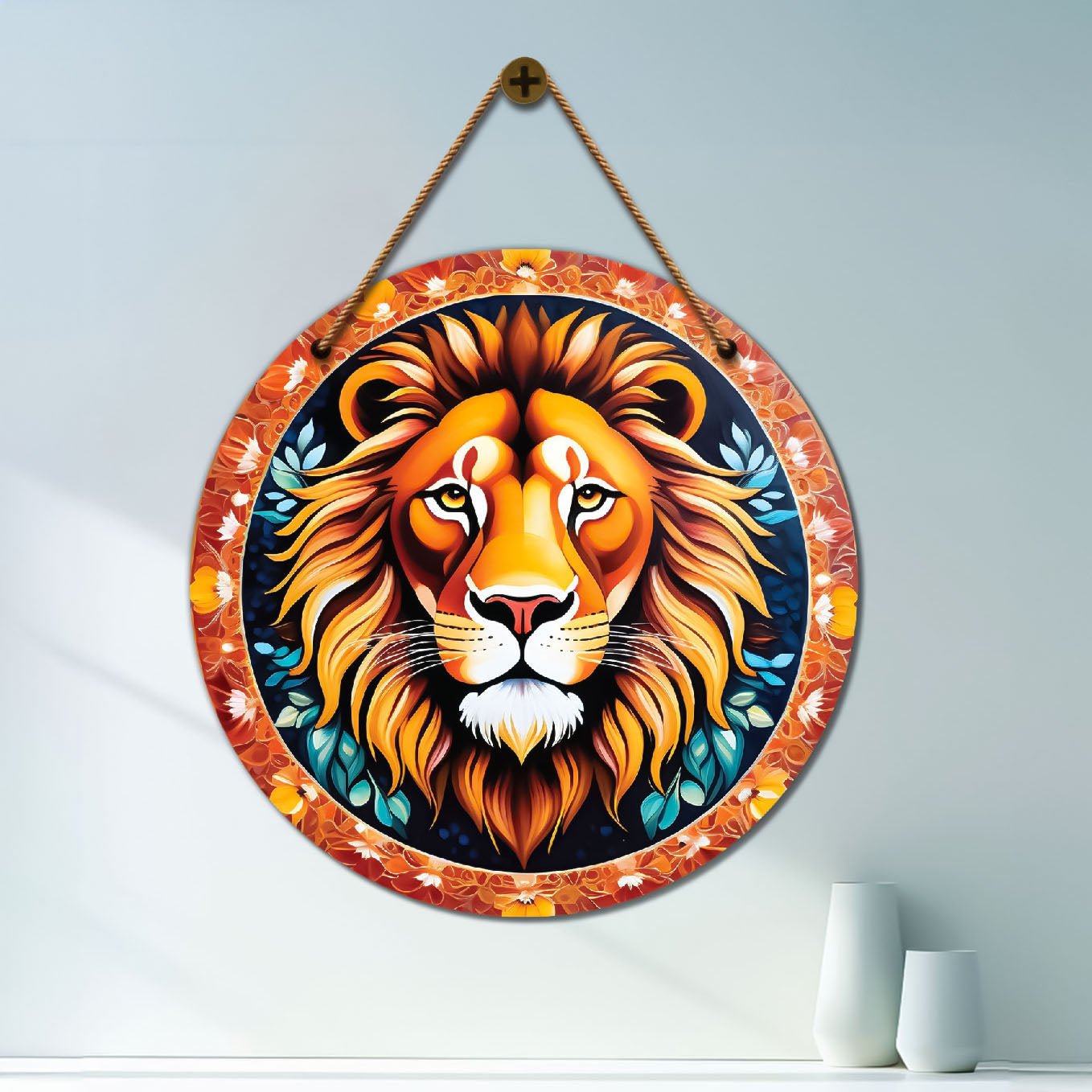 Lion in blue and orange mandala Round Wooden Wall Hanging for wall Décor - Design - 222