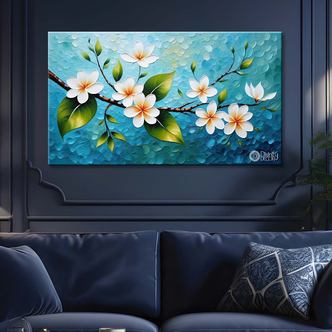 White flowers in blue background- Design - Flower-222