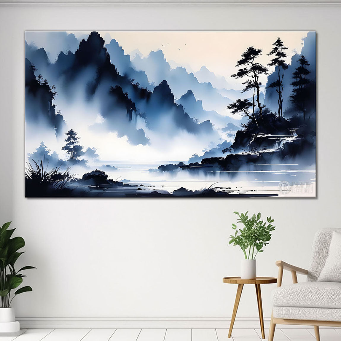Mountains in clouds and trees water color painting Canvas Painting - Nature Art -222