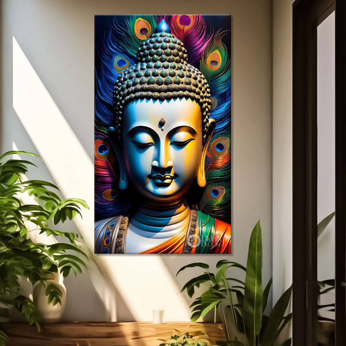 Golden buddha with colourful peacock feathers painting Buddha-V-222