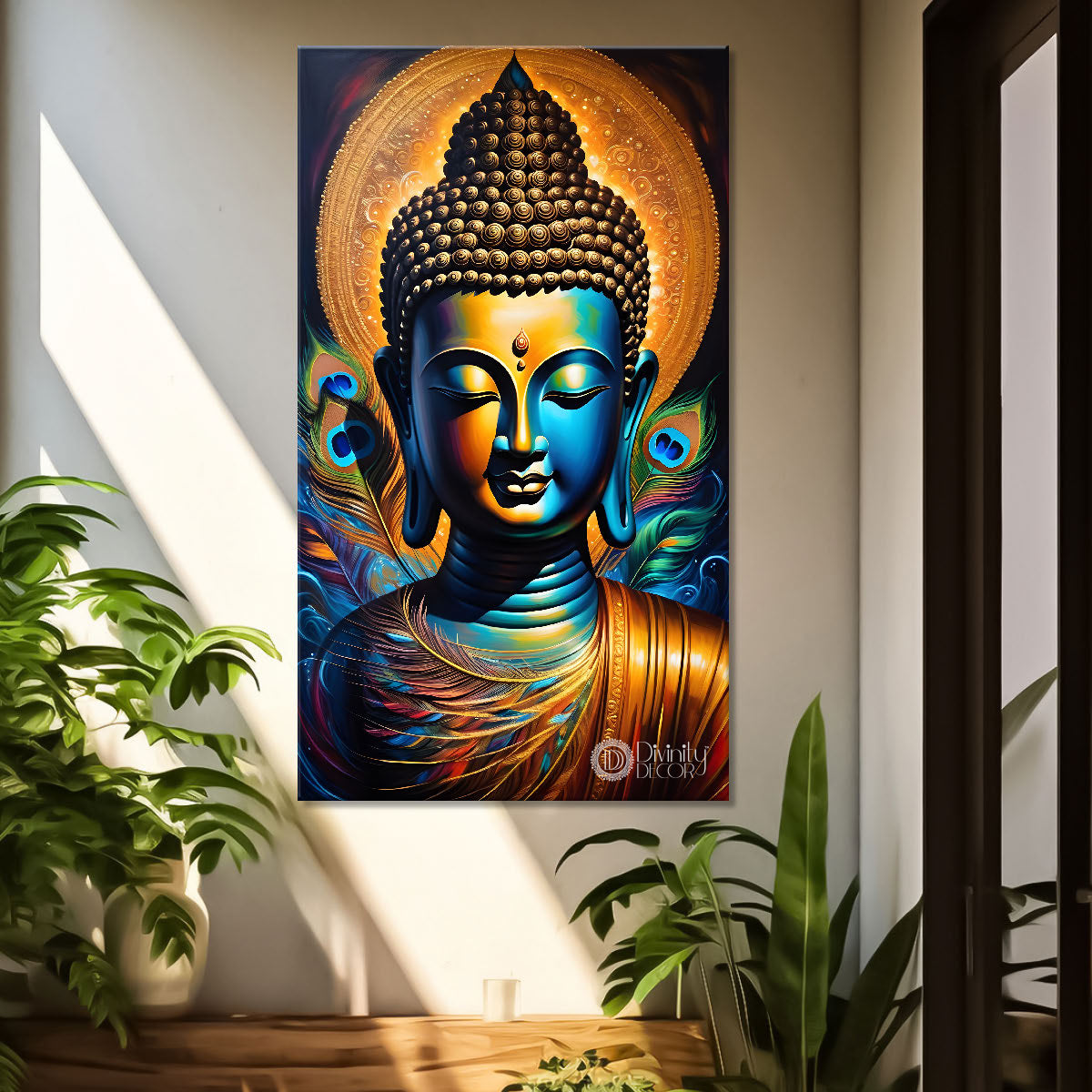 Golden buddha with peacock feathers painting Buddha-V-223