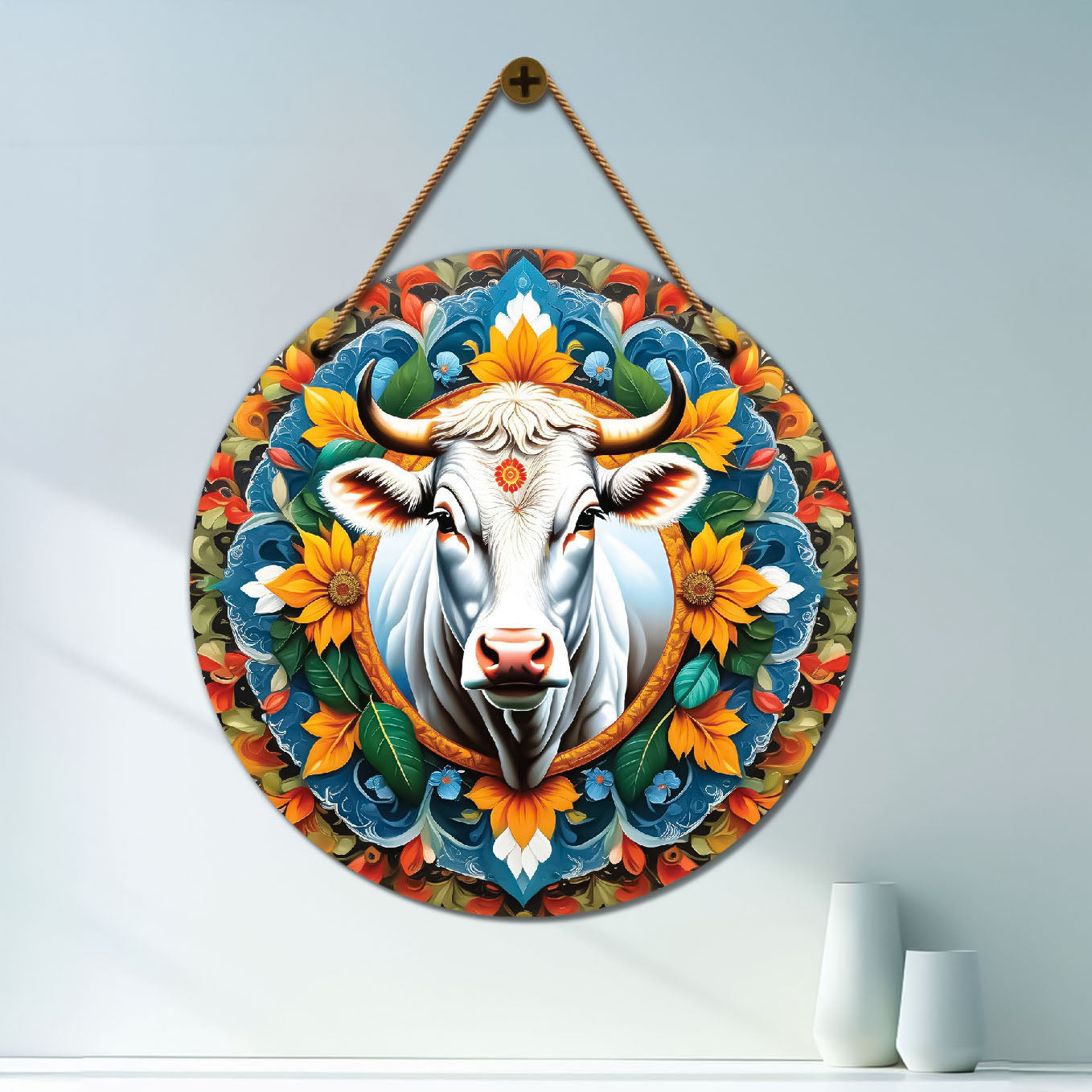 Cow in yellow and blue mandala Round Wooden Wall Hanging for wall Décor - Design - 223