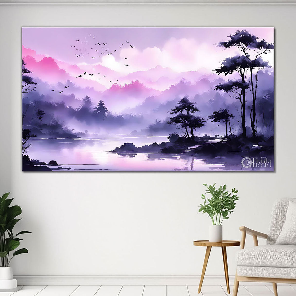 Mountains with trees with purple water color painting Canvas Painting - Nature Art -223
