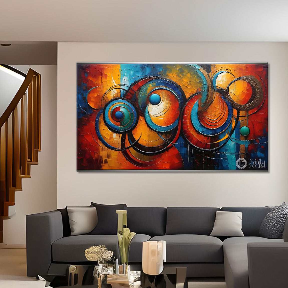 Blue half moon pattern in textured modern art Canvas Painting - Design - Modern-L-223