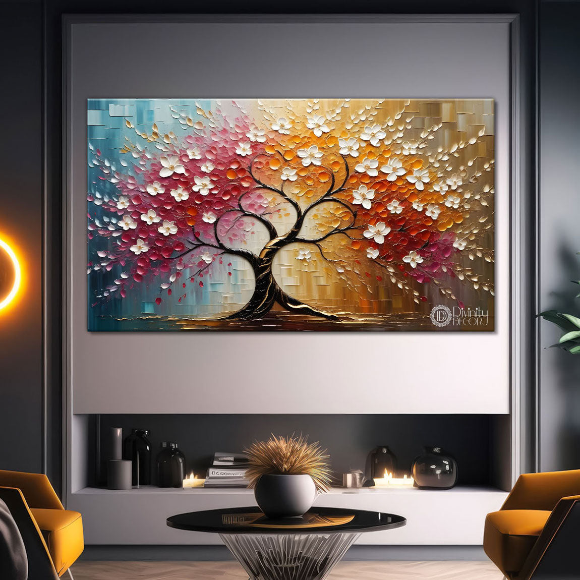 White flower tree in textured background oil painting- Design - Tree-223