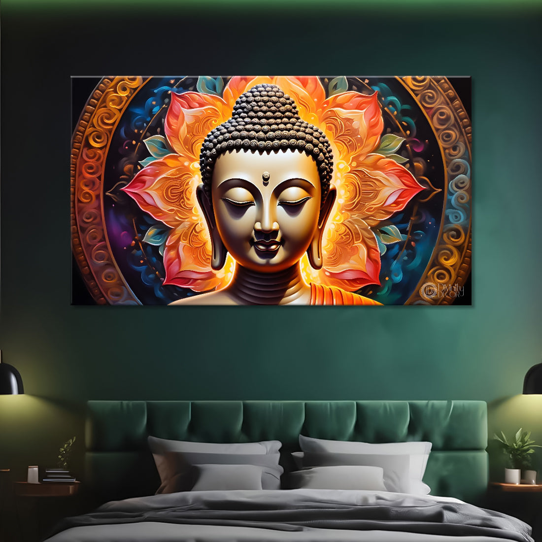 Golden buddha with orange  textured background painting Canvas Wall Painting - Buddha-224